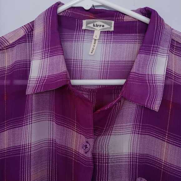 Kirra Sheer Plaid Button Down Roll Up Sleeves - Picture 5 of 14